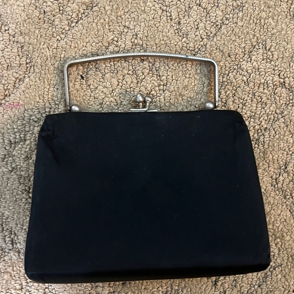 Vintage Black Kiss Lock Handbag with Silver Accents